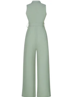 Clearance Retro Stage 1930s Shirt Collar Belted Jumpsuit Green