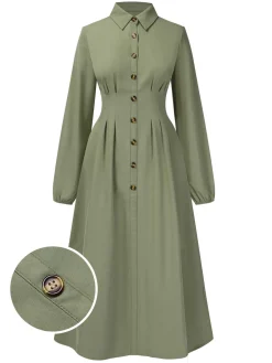 New Retro Stage 1940s Shirt Neck Long Sleeve Solid Dress Green