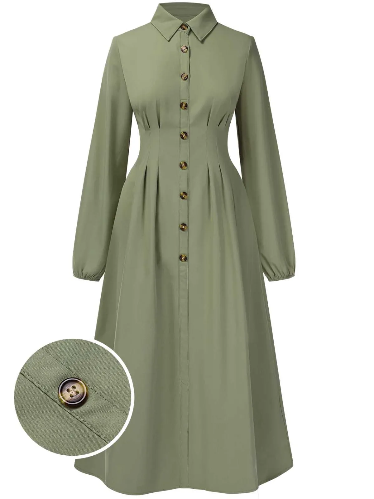 New Retro Stage 1940s Shirt Neck Long Sleeve Solid Dress Green