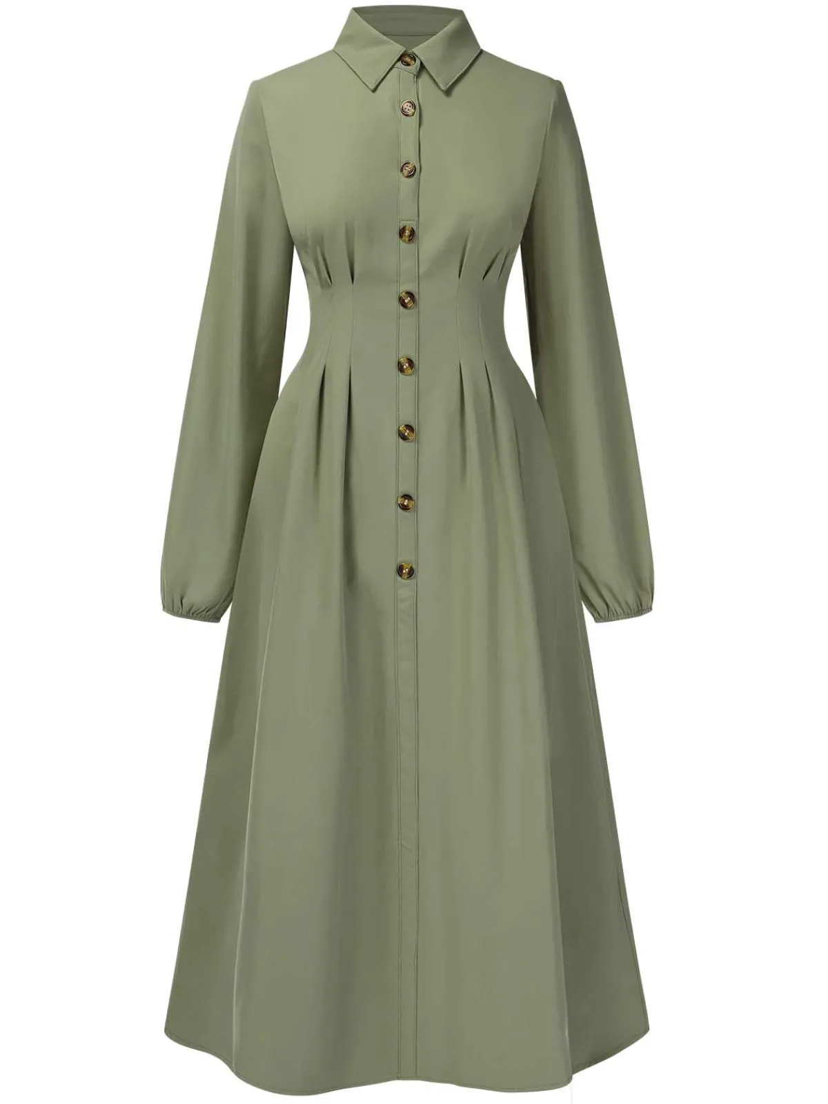 New Retro Stage 1940s Shirt Neck Long Sleeve Solid Dress Green