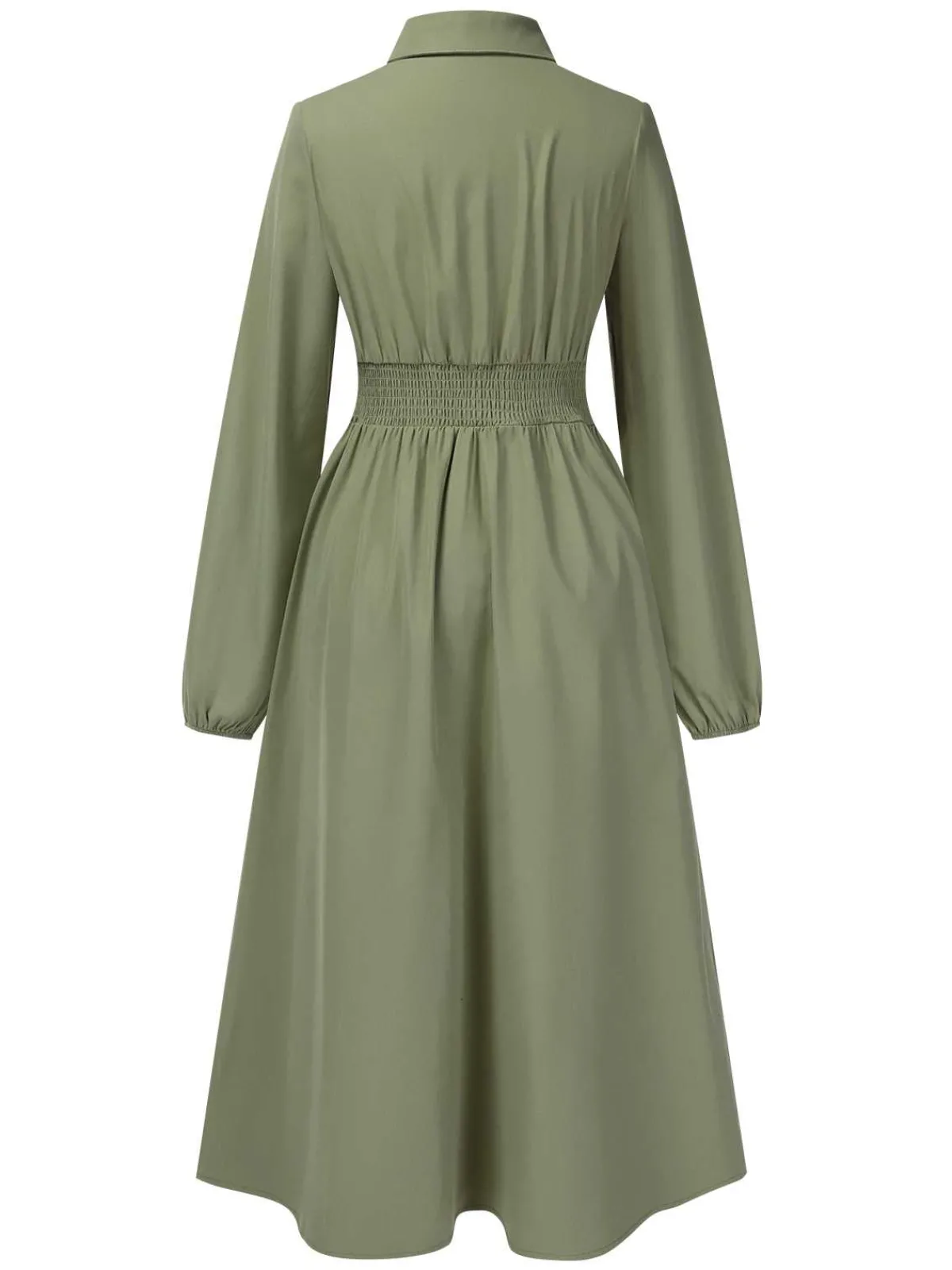 New Retro Stage 1940s Shirt Neck Long Sleeve Solid Dress Green