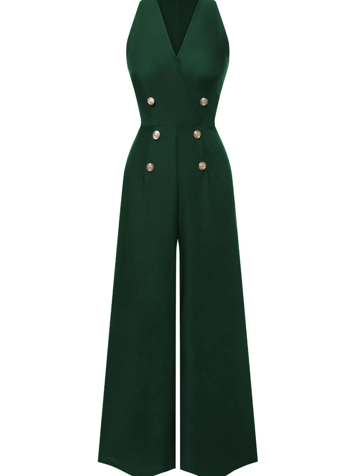 Discount Retro Stage Green 1950s Sleeveless Buttoned Solid Jumpsuit