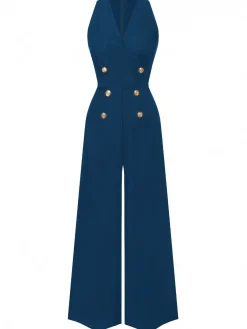 Discount Retro Stage Green 1950s Sleeveless Buttoned Solid Jumpsuit