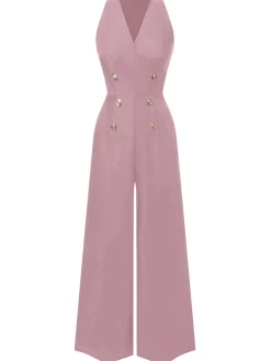 Discount Retro Stage Green 1950s Sleeveless Buttoned Solid Jumpsuit