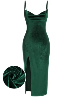 Best Retro Stage 1960s Slit Suspender Velvet Dress Green