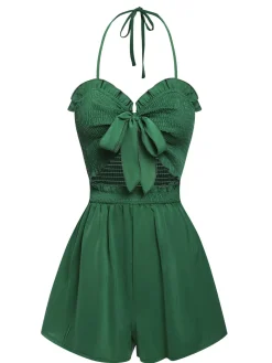 New Retro Stage 1960s Smocked Sweetheart Neck Halter Romper Green
