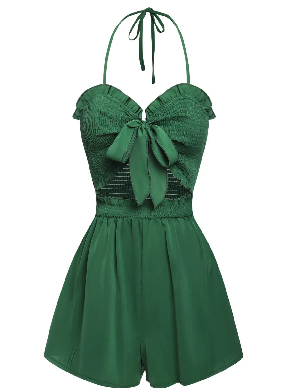 New Retro Stage 1960s Smocked Sweetheart Neck Halter Romper Green
