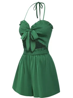 New Retro Stage 1960s Smocked Sweetheart Neck Halter Romper Green