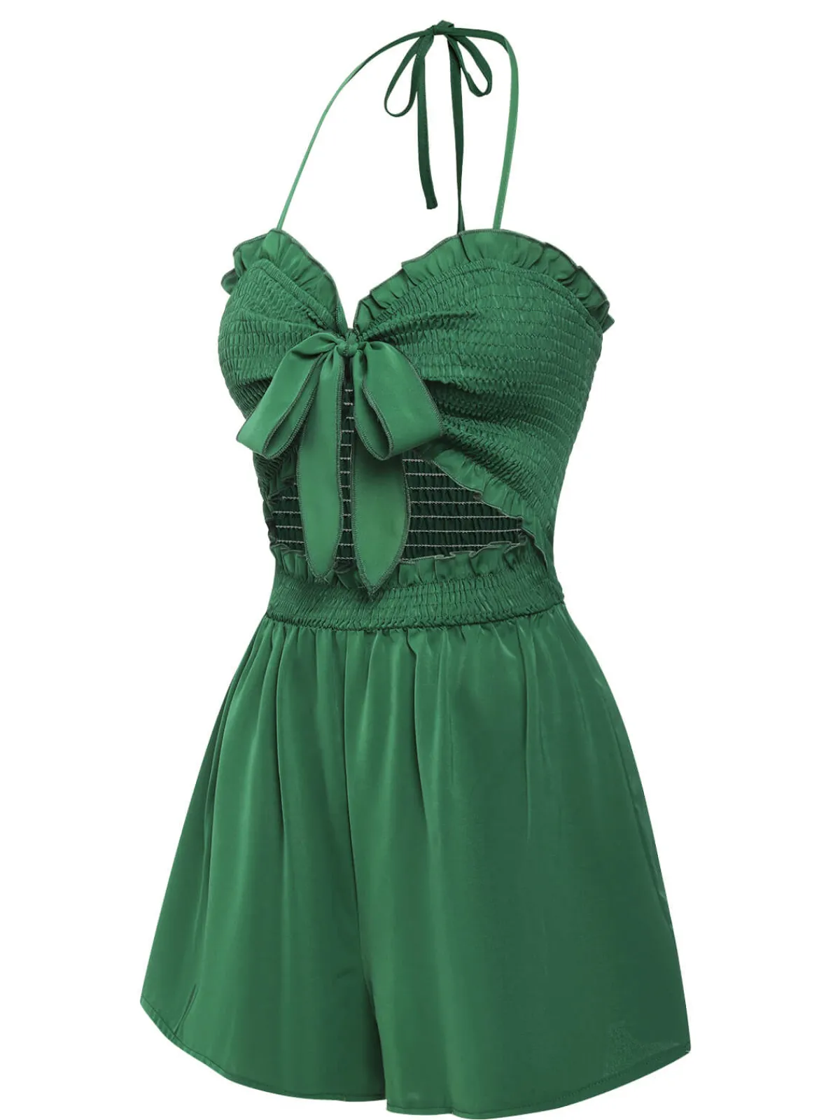 New Retro Stage 1960s Smocked Sweetheart Neck Halter Romper Green