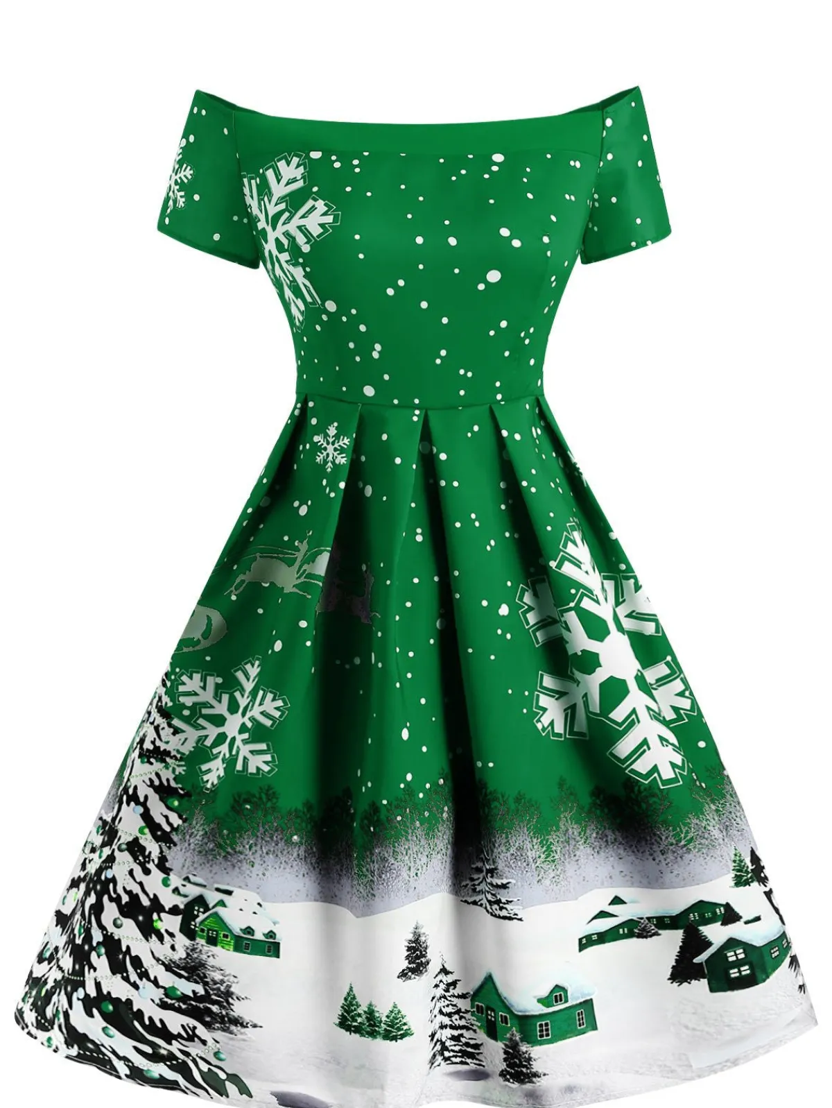 Outlet Retro Stage 1950s Snowfall Off Shoulder Dress Green
