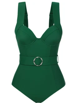 Best Retro Stage 1930s Solid Belt Backless Swimsuit Green
