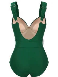 Best Retro Stage 1930s Solid Belt Backless Swimsuit Green
