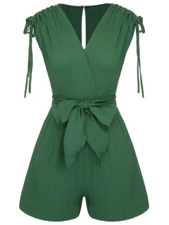 Fashion Retro Stage 1950s Solid Belt V-Neck Romper Green