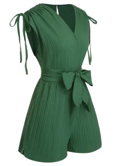 Fashion Retro Stage 1950s Solid Belt V-Neck Romper Green