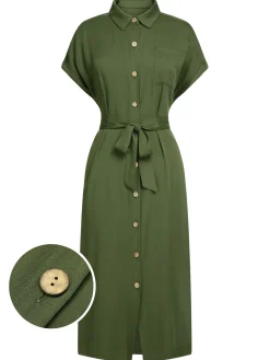 Clearance Retro Stage 1940s Solid Belted Slit Dress Green