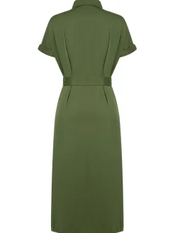 Clearance Retro Stage 1940s Solid Belted Slit Dress Green