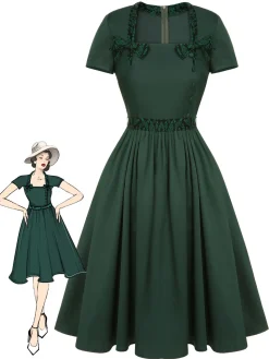 Clearance Retro Stage 1950s Solid Bow Square Collar Dress Green