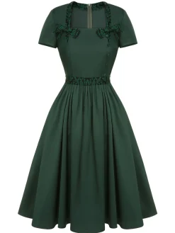 Clearance Retro Stage 1950s Solid Bow Square Collar Dress Green