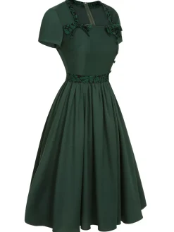 Clearance Retro Stage 1950s Solid Bow Square Collar Dress Green