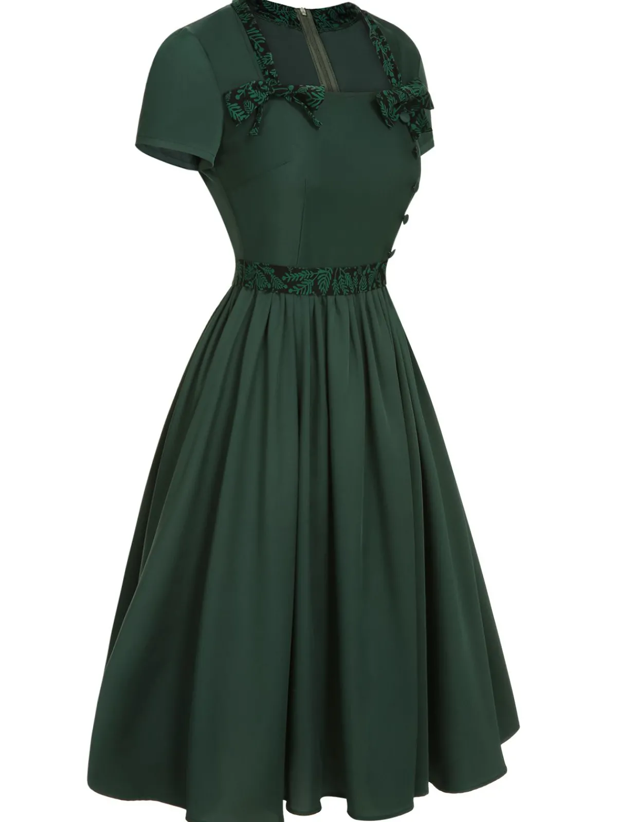 Clearance Retro Stage 1950s Solid Bow Square Collar Dress Green