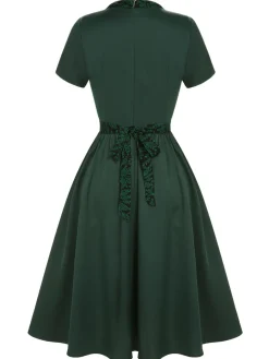 Clearance Retro Stage 1950s Solid Bow Square Collar Dress Green