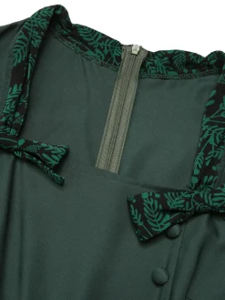 Clearance Retro Stage 1950s Solid Bow Square Collar Dress Green