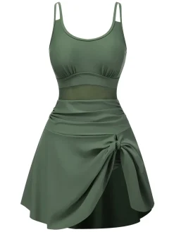Hot Retro Stage 1930s Solid Bow Straps Swim Dress Green