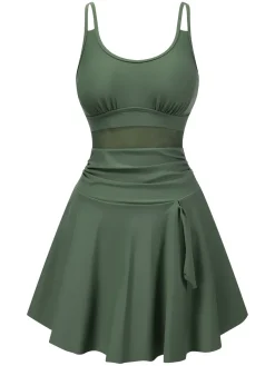 Hot Retro Stage 1930s Solid Bow Straps Swim Dress Green