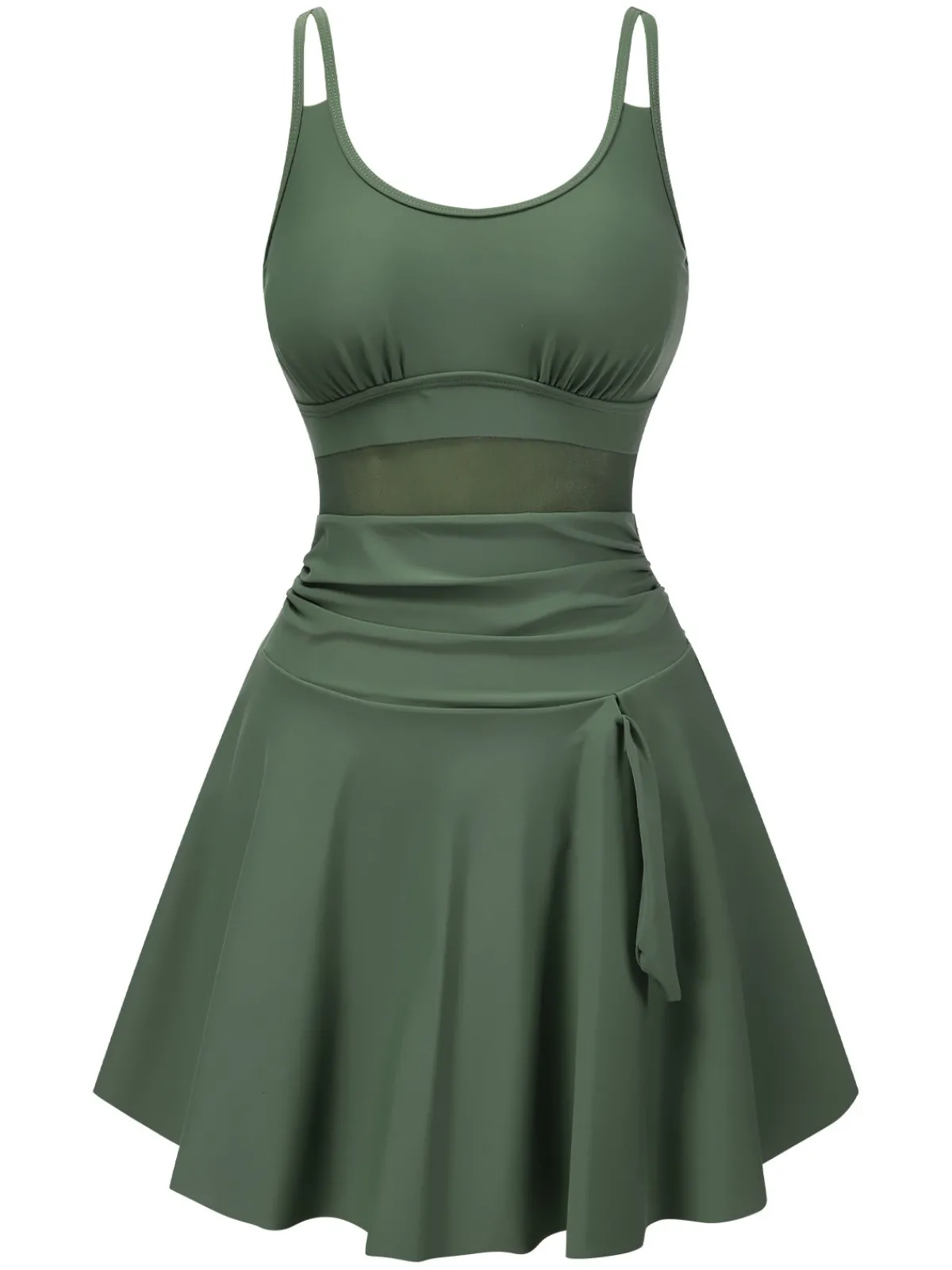Hot Retro Stage 1930s Solid Bow Straps Swim Dress Green
