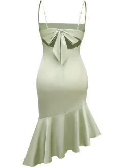 Discount Retro Stage Green 1930s Solid Cowl Neck Ruffled Mermaid Dress Pale Green