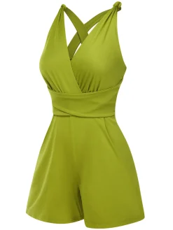Clearance Retro Stage 1940s Solid Cross-Back Straps Romper Green