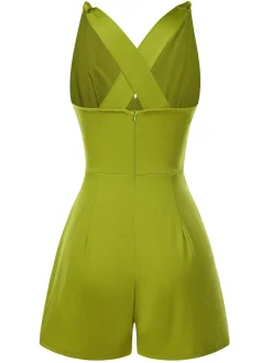 Clearance Retro Stage 1940s Solid Cross-Back Straps Romper Green