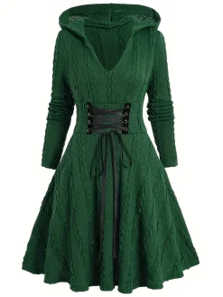 Best Retro Stage Green 1940s Solid Knitted Hooded Sweater Dress Dark Green
