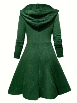 Best Retro Stage Green 1940s Solid Knitted Hooded Sweater Dress Dark Green