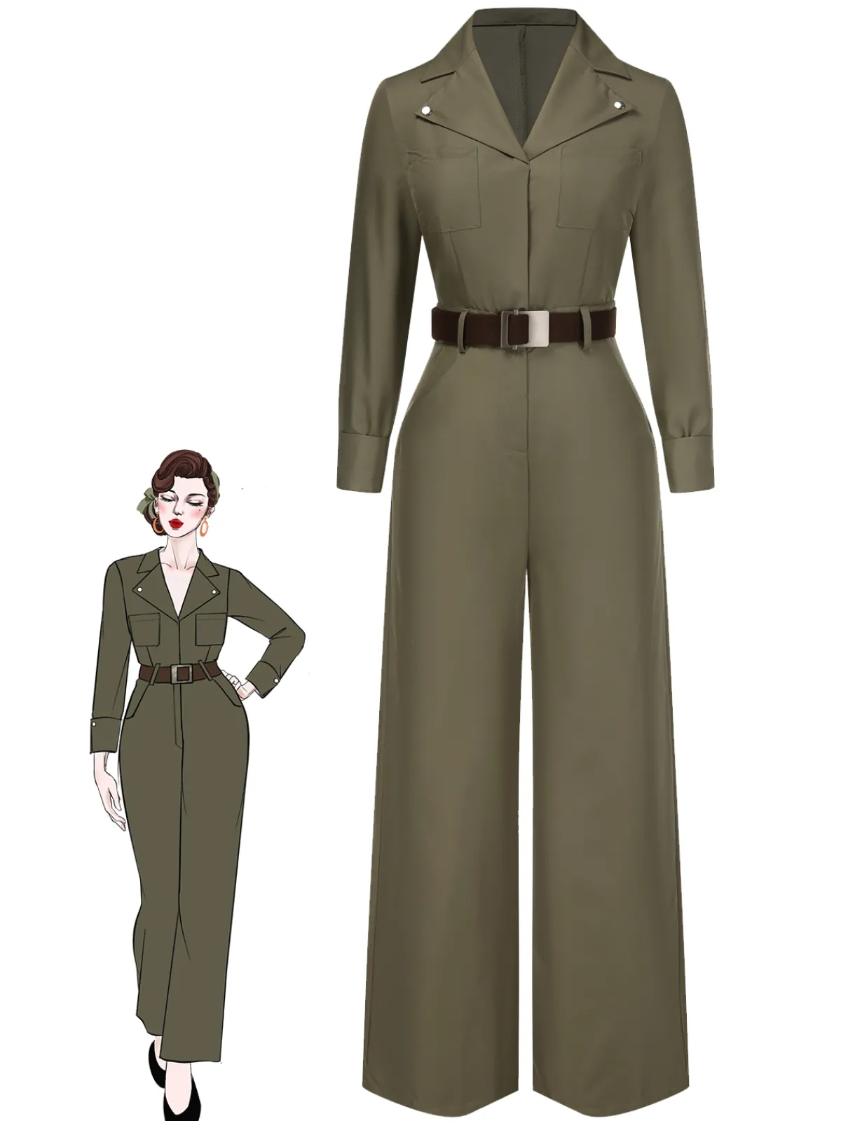Online Retro Stage 1930s Solid Lapel Belted Jumpsuit Green