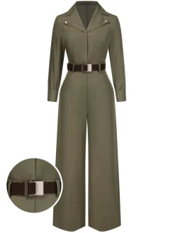 Online Retro Stage 1930s Solid Lapel Belted Jumpsuit Green