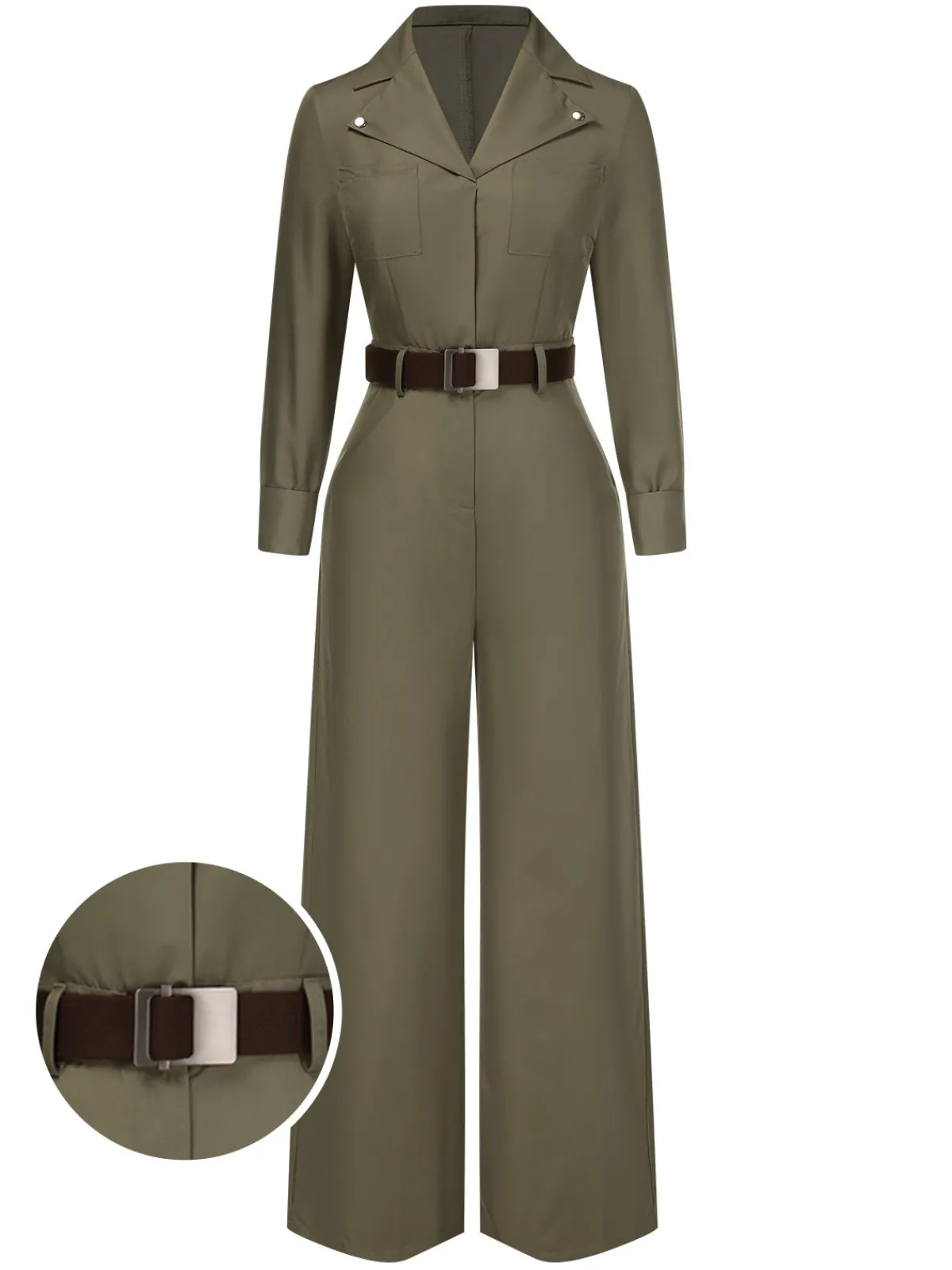 Online Retro Stage 1930s Solid Lapel Belted Jumpsuit Green