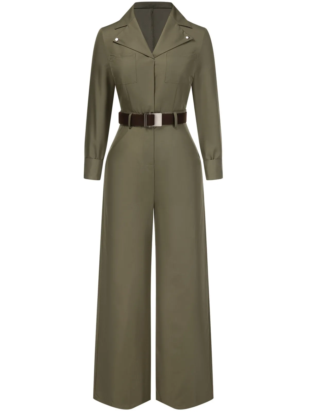 Online Retro Stage 1930s Solid Lapel Belted Jumpsuit Green