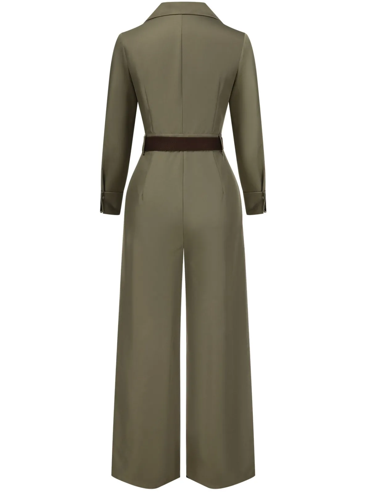 Online Retro Stage 1930s Solid Lapel Belted Jumpsuit Green