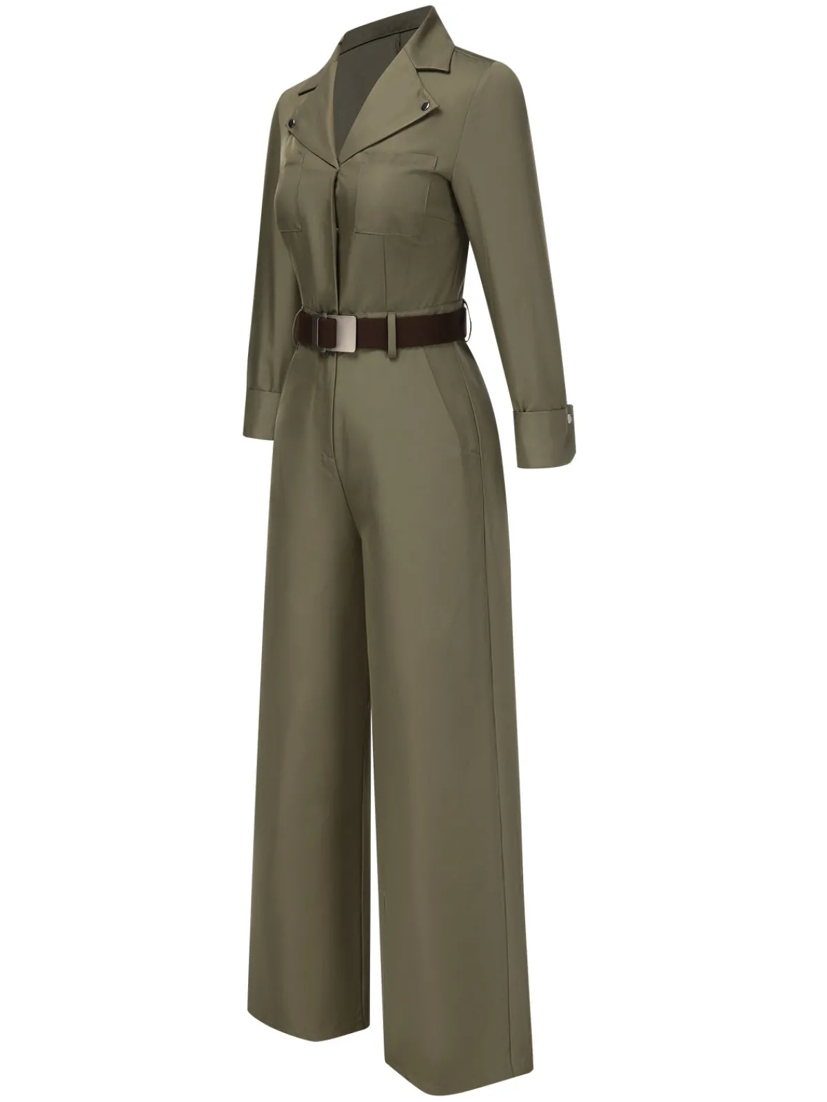 Online Retro Stage 1930s Solid Lapel Belted Jumpsuit Green