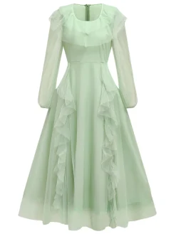 Best Retro Stage Green 1930s Solid Mesh Ruffled Illusion Sleeves Dress Pale Green