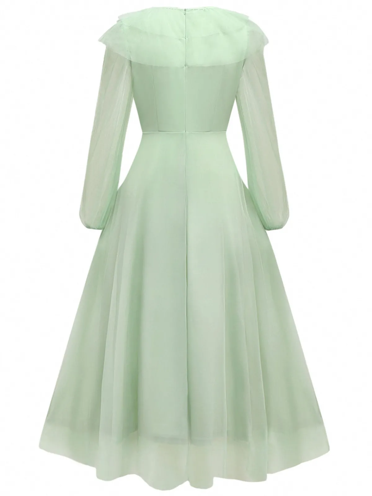 Best Retro Stage Green 1930s Solid Mesh Ruffled Illusion Sleeves Dress Pale Green