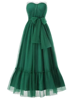 Fashion Retro Stage 1940s Solid Mesh Tube Dress Green