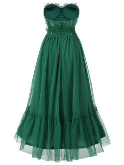 Fashion Retro Stage 1940s Solid Mesh Tube Dress Green