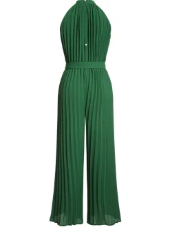 Fashion Retro Stage 1930s Solid Pleated Halter Jumpsuit Green