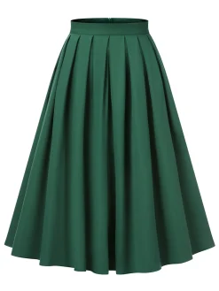 Online Retro Stage 1950s Solid Pleated Skirts Green
