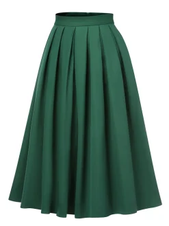 Online Retro Stage 1950s Solid Pleated Skirts Green