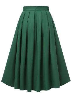 Online Retro Stage 1950s Solid Pleated Skirts Green