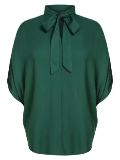 New Retro Stage 1950s Solid Ribbon Collar Satin Blouse Green