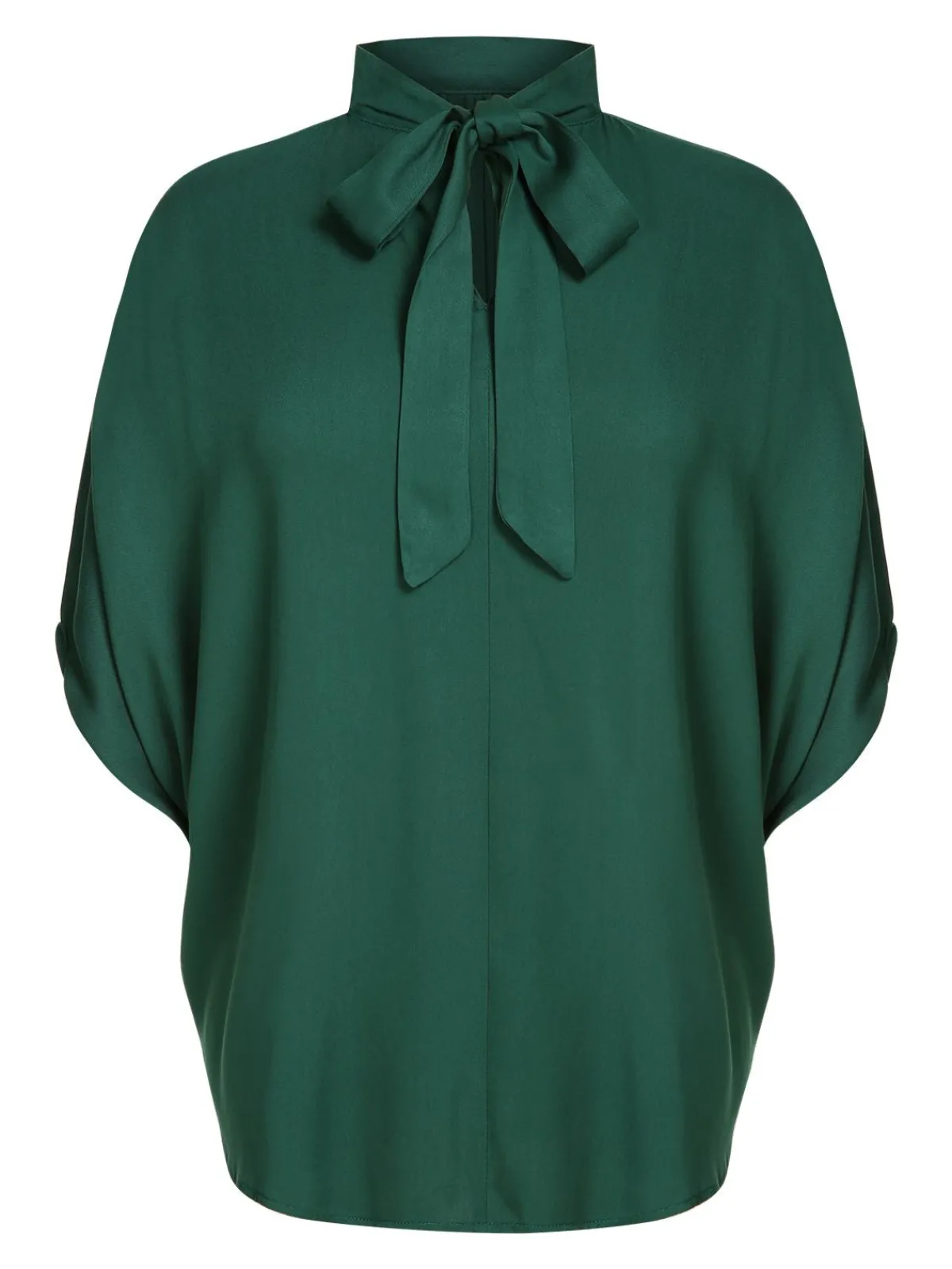 New Retro Stage 1950s Solid Ribbon Collar Satin Blouse Green